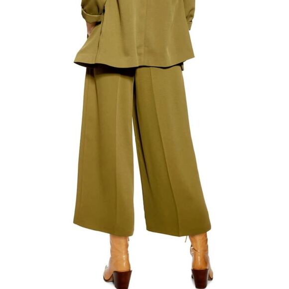 Topshop Women's Rita Wide Leg Cropped Pleated Trouser Dress Pants Size 4 Green - Picture 3 of 14